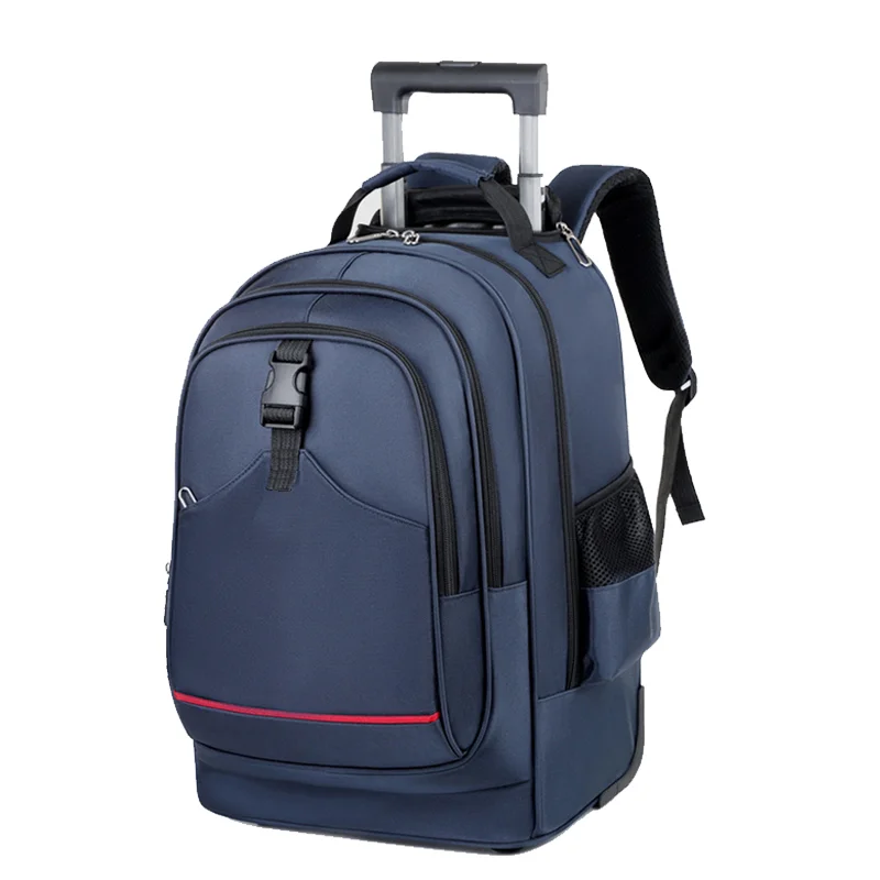 Guangzhou Fuliya Industry Co.,Ltd C-80823 Multi-functional trolley backpack. Features silent wheels, a hideable 2-stage pull rod, and anti-collision corners. Hidden shoulder straps, large capacity multi-pockets. For school, travel, and business trips.