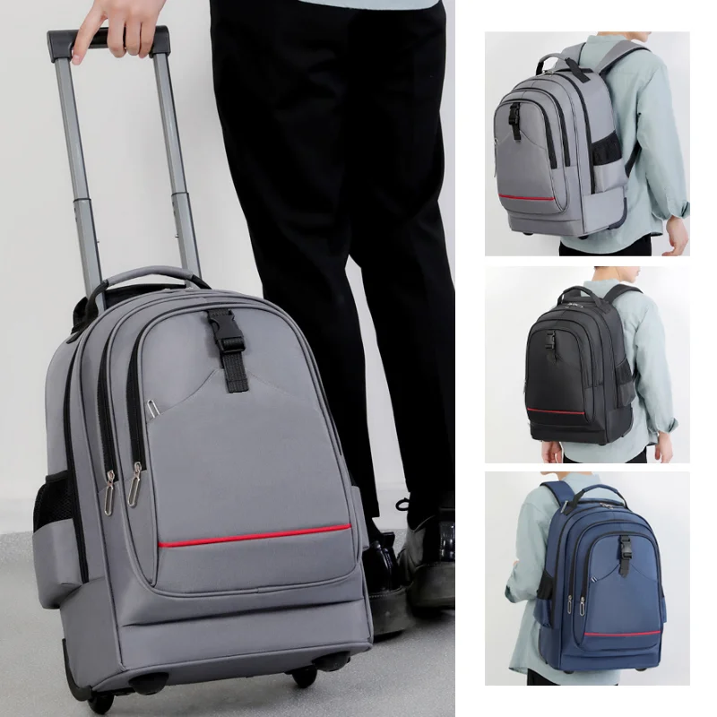 Guangzhou Fuliya Industry Co.,Ltd C-80823 Multi-functional trolley backpack. Features silent wheels, a hideable 2-stage pull rod, and anti-collision corners. Hidden shoulder straps, large capacity multi-pockets. For school, travel, and business trips.
