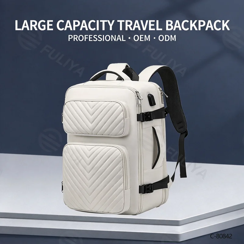 広州富麗雅実業有限会社 C-80842 多機能大容量レディース旅行リュック。26L〜40L拡張可能。PC収納、ドライ&ウェット分離、RFID防盗ポケット、外部USB充電ポート付き。出張・旅行・通勤に。