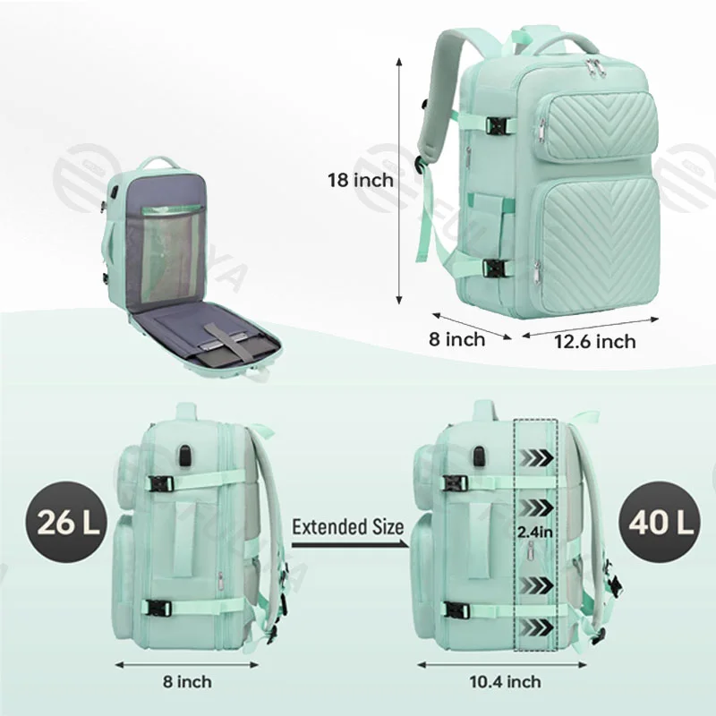 広州富麗雅実業有限会社 C-80842 多機能大容量レディース旅行リュック。26L〜40L拡張可能。PC収納、ドライ&ウェット分離、RFID防盗ポケット、外部USB充電ポート付き。出張・旅行・通勤に。