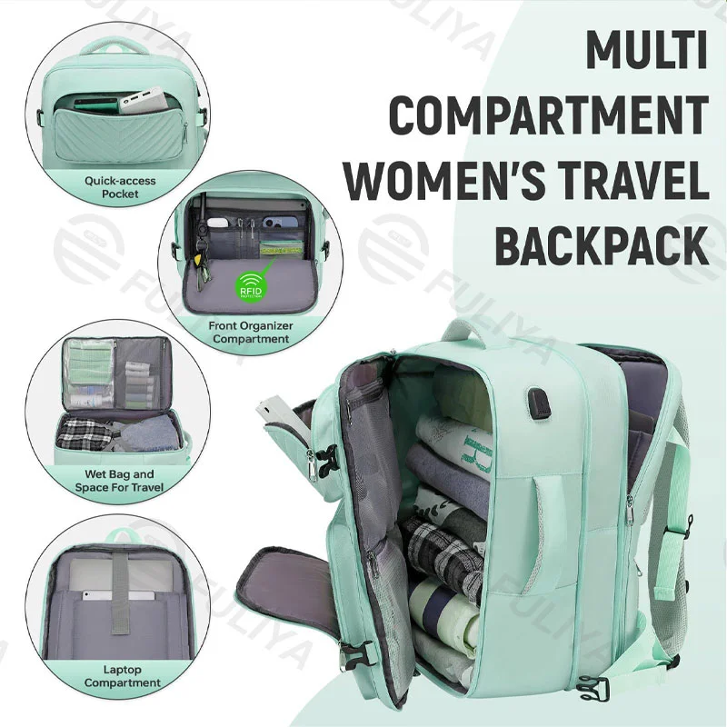 広州富麗雅実業有限会社 C-80842 多機能大容量レディース旅行リュック。26L〜40L拡張可能。PC収納、ドライ&ウェット分離、RFID防盗ポケット、外部USB充電ポート付き。出張・旅行・通勤に。
