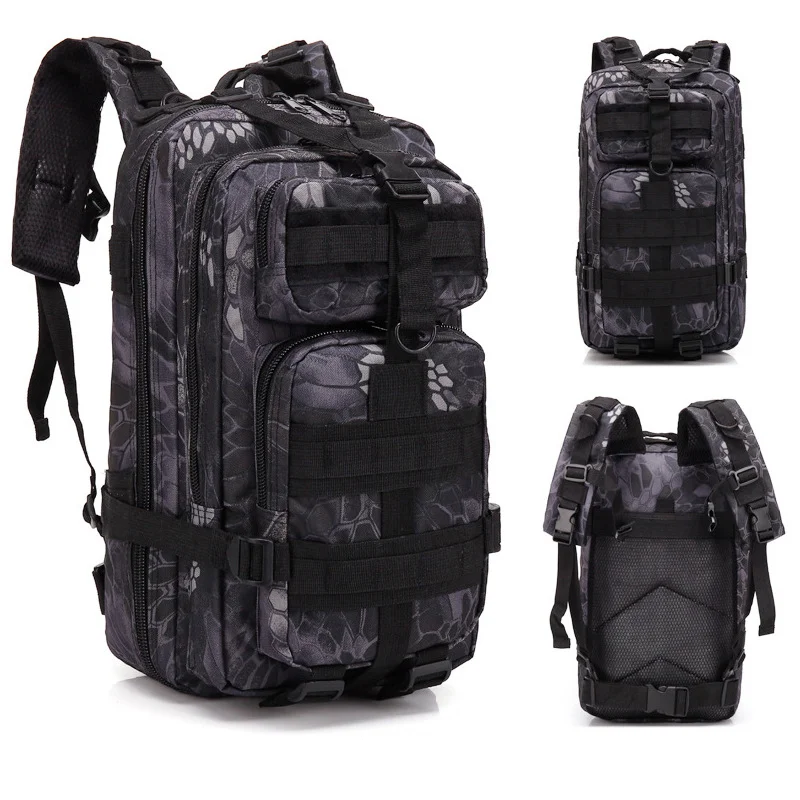 Guangzhou Fuliya Industry Co.,Ltd C-80847  Tactical outdoor backpack with MOLLE system and sliding adjustable back panel. Features S-shaped decompression straps, waist belt, and bottom gear straps. For hiking, camping, and tactical use.