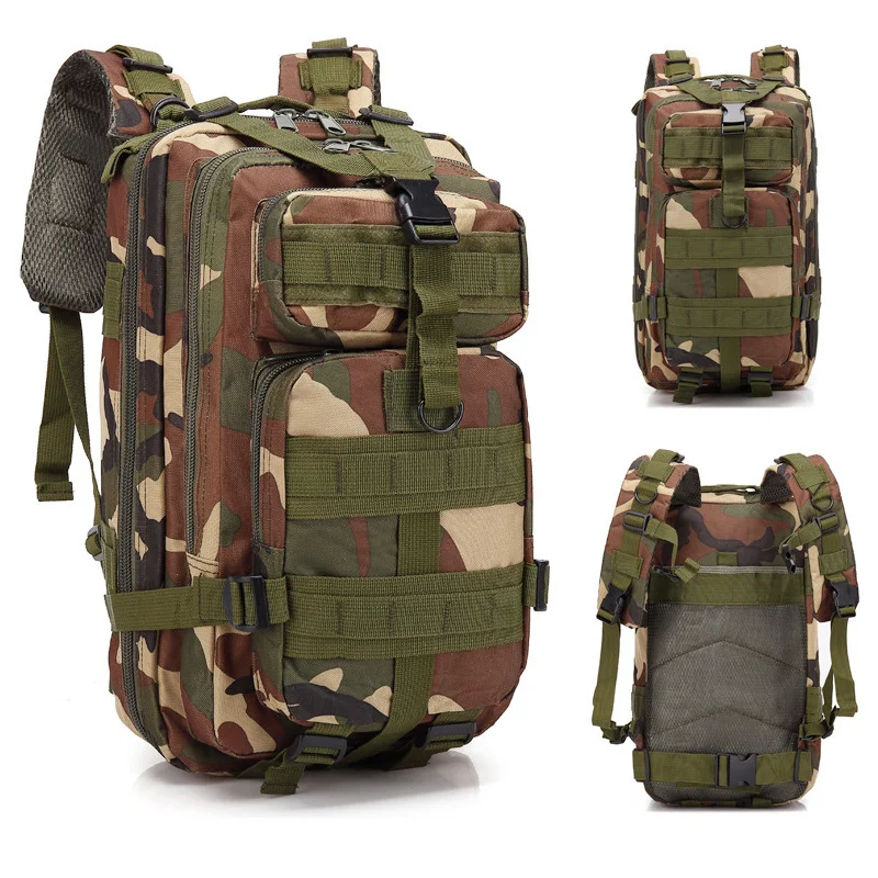 Guangzhou Fuliya Industry Co.,Ltd C-80847  Tactical outdoor backpack with MOLLE system and sliding adjustable back panel. Features S-shaped decompression straps, waist belt, and bottom gear straps. For hiking, camping, and tactical use.