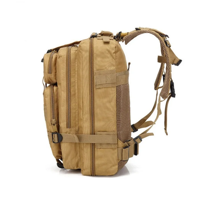 Guangzhou Fuliya Industry Co.,Ltd C-80847  Tactical outdoor backpack with MOLLE system and sliding adjustable back panel. Features S-shaped decompression straps, waist belt, and bottom gear straps. For hiking, camping, and tactical use.