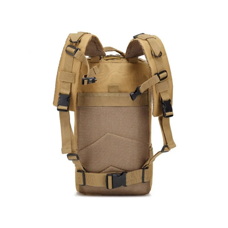 Guangzhou Fuliya Industry Co.,Ltd C-80847  Tactical outdoor backpack with MOLLE system and sliding adjustable back panel. Features S-shaped decompression straps, waist belt, and bottom gear straps. For hiking, camping, and tactical use.