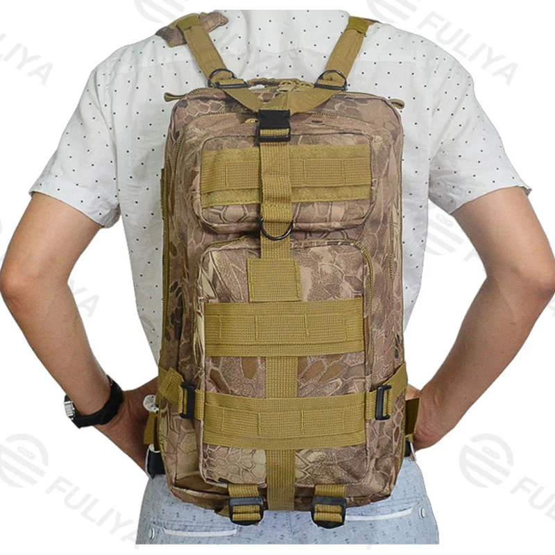 Guangzhou Fuliya Industry Co.,Ltd C-80847 Tactical outdoor backpack with MOLLE system and sliding adjustable back panel. Features S-shaped decompression straps, waist belt, and bottom gear straps. For hiking, camping, and tactical use.
