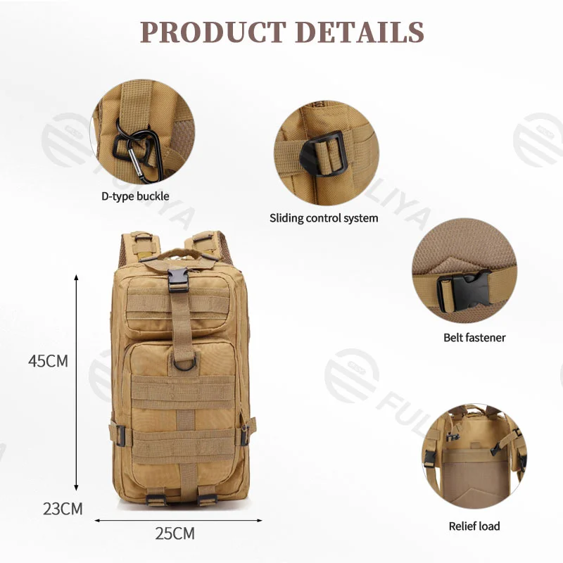 Guangzhou Fuliya Industry Co.,Ltd C-80847 Tactical outdoor backpack with MOLLE system and sliding adjustable back panel. Features S-shaped decompression straps, waist belt, and bottom gear straps. For hiking, camping, and tactical use.