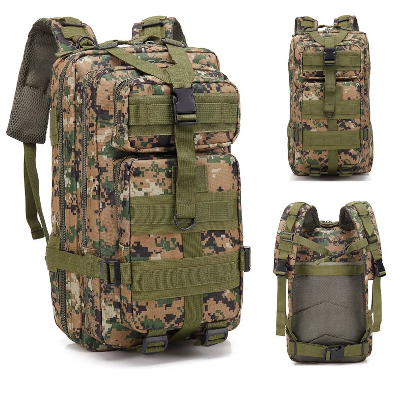 Guangzhou Fuliya Industry Co.,Ltd C-80847  Tactical outdoor backpack with MOLLE system and sliding adjustable back panel. Features S-shaped decompression straps, waist belt, and bottom gear straps. For hiking, camping, and tactical use.