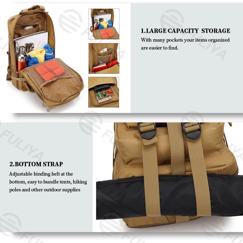 Guangzhou Fuliya Industry Co.,Ltd C-80847 Tactical outdoor backpack with MOLLE system and sliding adjustable back panel. Features S-shaped decompression straps, waist belt, and bottom gear straps. For hiking, camping, and tactical use.