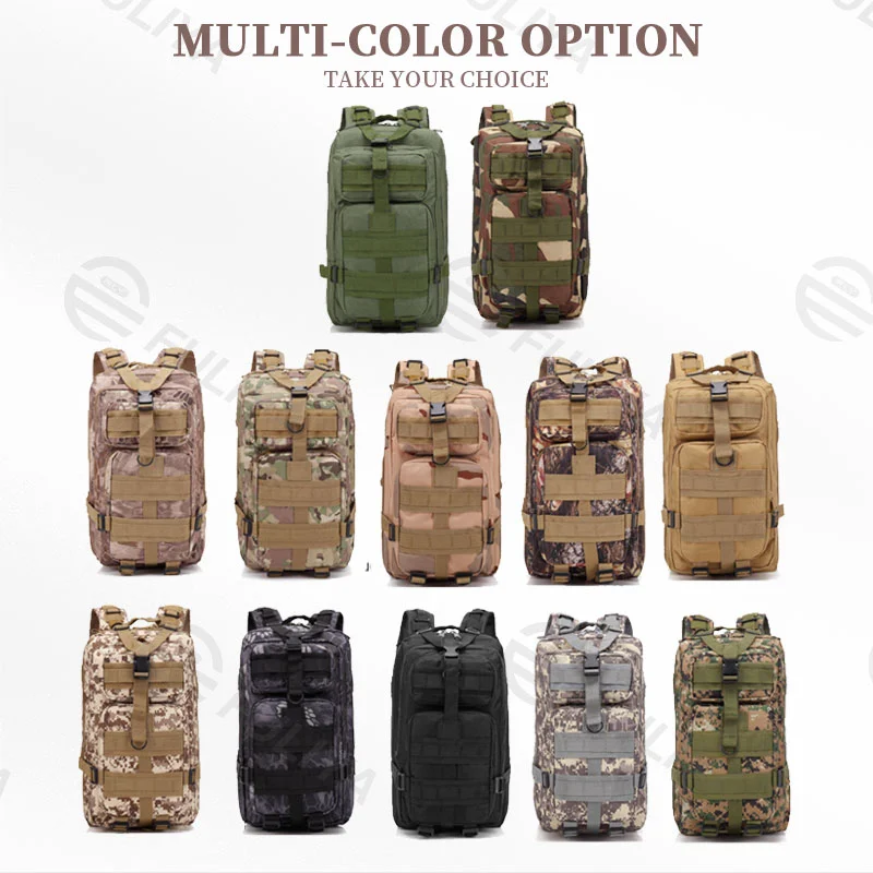 Guangzhou Fuliya Industry Co.,Ltd C-80847 Tactical outdoor backpack with MOLLE system and sliding adjustable back panel. Features S-shaped decompression straps, waist belt, and bottom gear straps. For hiking, camping, and tactical use.