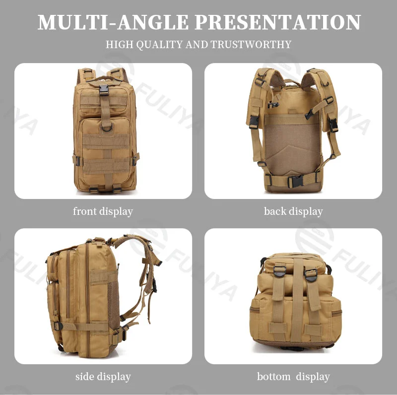 Guangzhou Fuliya Industry Co.,Ltd C-80847 Tactical outdoor backpack with MOLLE system and sliding adjustable back panel. Features S-shaped decompression straps, waist belt, and bottom gear straps. For hiking, camping, and tactical use.
