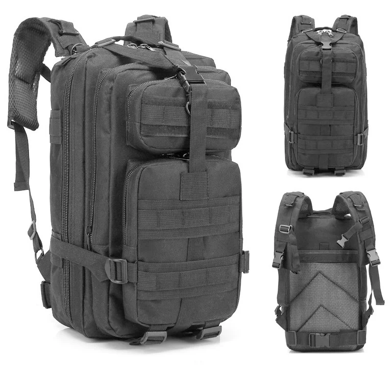 Guangzhou Fuliya Industry Co.,Ltd C-80847  Tactical outdoor backpack with MOLLE system and sliding adjustable back panel. Features S-shaped decompression straps, waist belt, and bottom gear straps. For hiking, camping, and tactical use.
