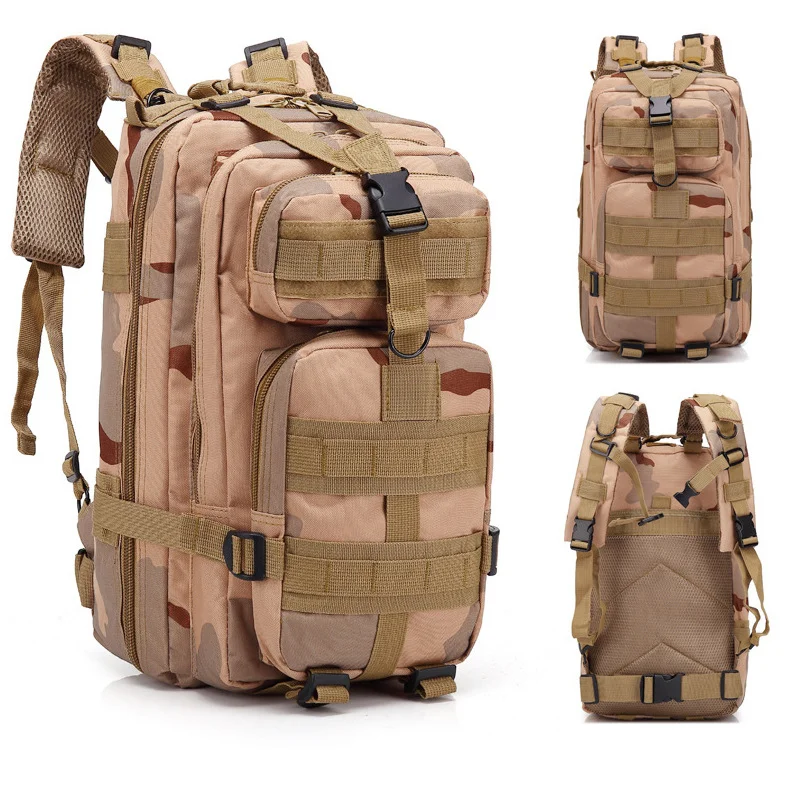 Guangzhou Fuliya Industry Co.,Ltd C-80847  Tactical outdoor backpack with MOLLE system and sliding adjustable back panel. Features S-shaped decompression straps, waist belt, and bottom gear straps. For hiking, camping, and tactical use.