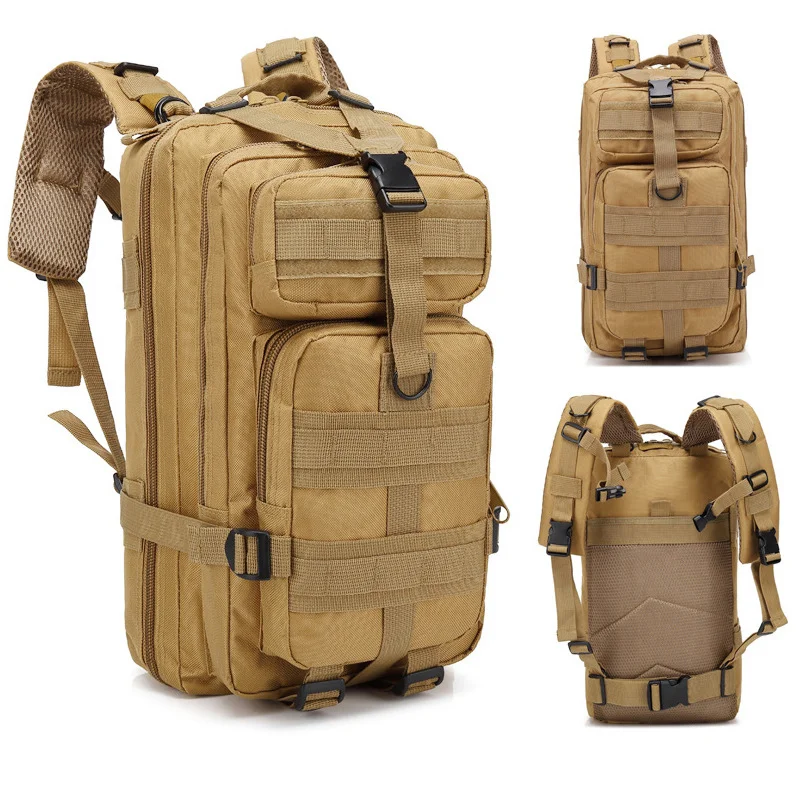 Guangzhou Fuliya Industry Co.,Ltd C-80847  Tactical outdoor backpack with MOLLE system and sliding adjustable back panel. Features S-shaped decompression straps, waist belt, and bottom gear straps. For hiking, camping, and tactical use.