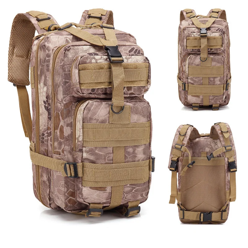 Guangzhou Fuliya Industry Co.,Ltd C-80847  Tactical outdoor backpack with MOLLE system and sliding adjustable back panel. Features S-shaped decompression straps, waist belt, and bottom gear straps. For hiking, camping, and tactical use.