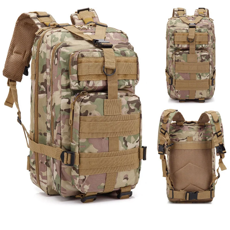 Guangzhou Fuliya Industry Co.,Ltd C-80847  Tactical outdoor backpack with MOLLE system and sliding adjustable back panel. Features S-shaped decompression straps, waist belt, and bottom gear straps. For hiking, camping, and tactical use.