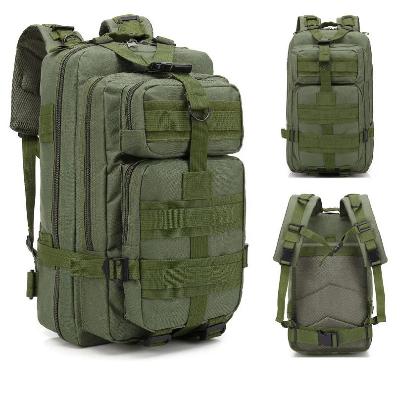 Guangzhou Fuliya Industry Co.,Ltd C-80847  Tactical outdoor backpack with MOLLE system and sliding adjustable back panel. Features S-shaped decompression straps, waist belt, and bottom gear straps. For hiking, camping, and tactical use.