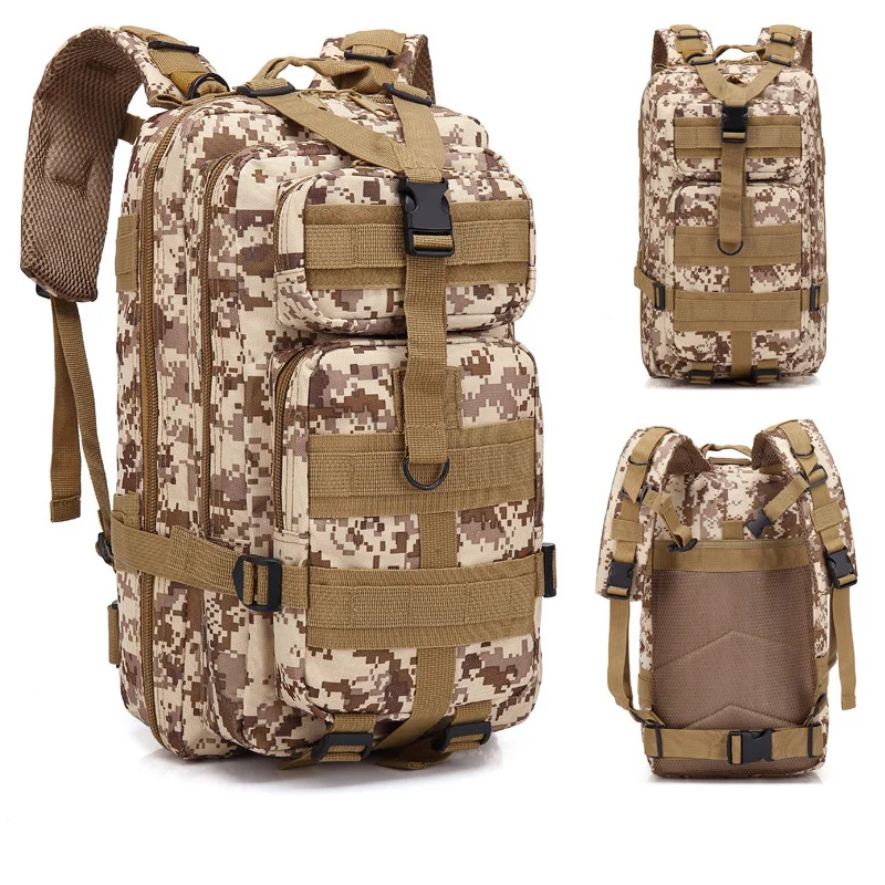 Guangzhou Fuliya Industry Co.,Ltd C-80847  Tactical outdoor backpack with MOLLE system and sliding adjustable back panel. Features S-shaped decompression straps, waist belt, and bottom gear straps. For hiking, camping, and tactical use.