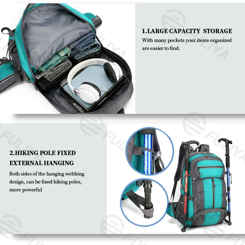 広州富麗雅実業有限会社  C-80848 撥水大容量アウトドア登山リュック。登山ポール掛け、底面シューズ収納、止水ファスナー、通気性ショルダー付き。ハイキング・キャンプ・サイクリング・旅行に。