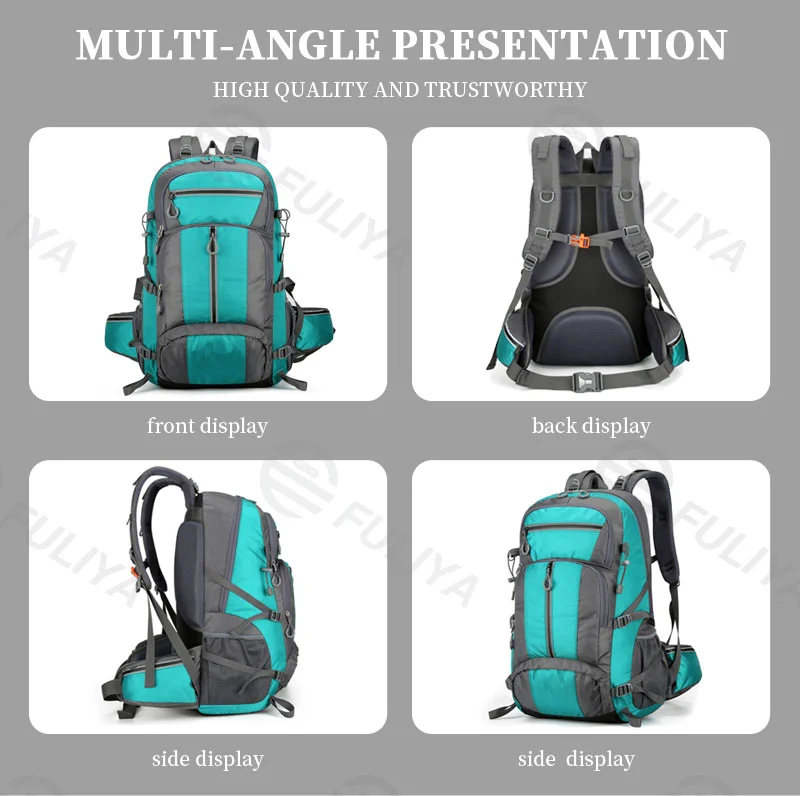 広州富麗雅実業有限会社  C-80848 撥水大容量アウトドア登山リュック。登山ポール掛け、底面シューズ収納、止水ファスナー、通気性ショルダー付き。ハイキング・キャンプ・サイクリング・旅行に。