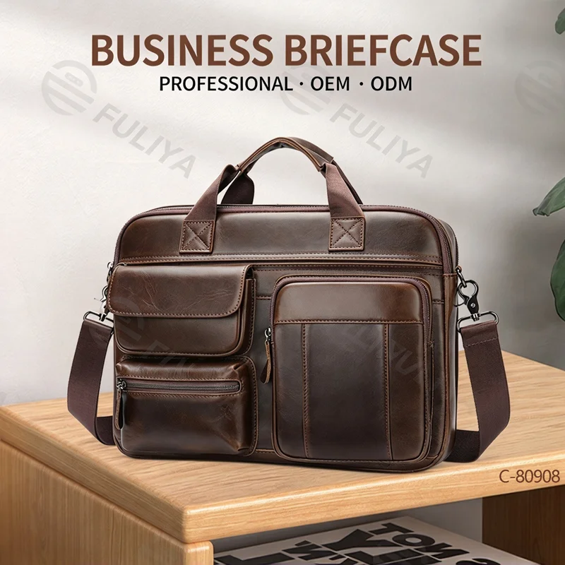 Guangzhou Fuliya Industry Co.,Ltd C-80908 Men's top-grain cowhide briefcase, large capacity, multi-functional pockets, rear anti-theft pocket, magnetic buckle, and adjustable strap - hand or shoulder carry for business, commuting, and business trips.