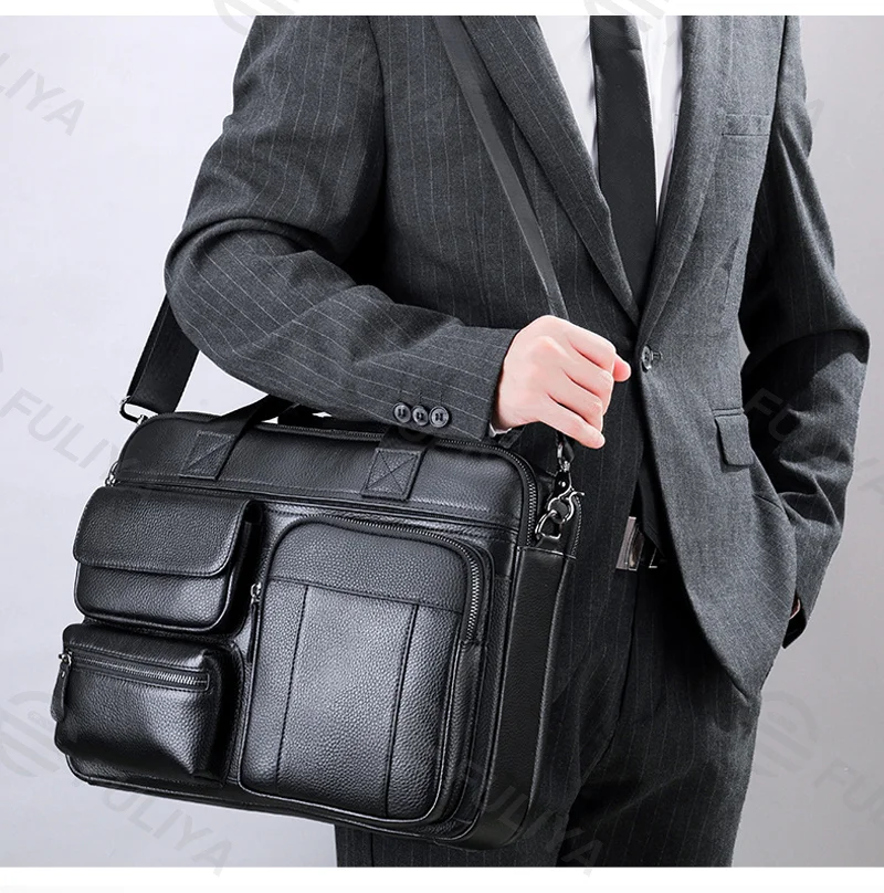 Guangzhou Fuliya Industry Co.,Ltd C-80908 Men's top-grain cowhide briefcase, large capacity, multi-functional pockets, rear anti-theft pocket, magnetic buckle, and adjustable strap - hand or shoulder carry for business, commuting, and business trips.