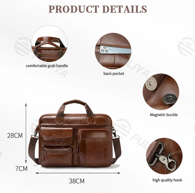 Guangzhou Fuliya Industry Co.,Ltd C-80908 Men's top-grain cowhide briefcase, large capacity, multi-functional pockets, rear anti-theft pocket, magnetic buckle, and adjustable strap - hand or shoulder carry for business, commuting, and business trips.