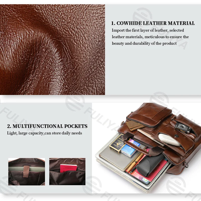 Guangzhou Fuliya Industry Co.,Ltd C-80908 Men's top-grain cowhide briefcase, large capacity, multi-functional pockets, rear anti-theft pocket, magnetic buckle, and adjustable strap - hand or shoulder carry for business, commuting, and business trips.