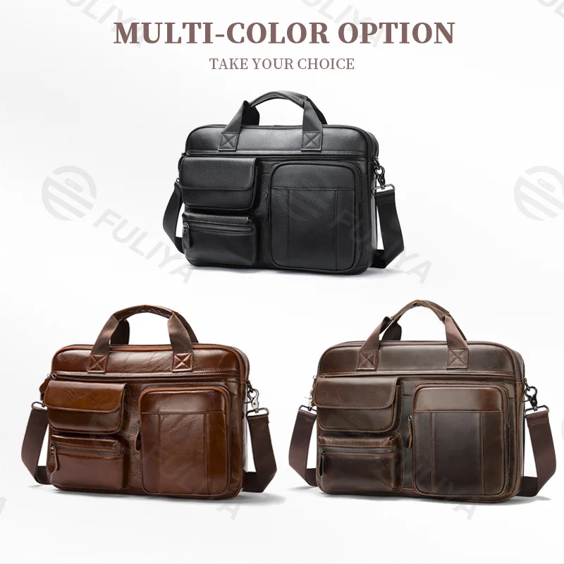 Guangzhou Fuliya Industry Co.,Ltd C-80908 Men's top-grain cowhide briefcase, large capacity, multi-functional pockets, rear anti-theft pocket, magnetic buckle, and adjustable strap - hand or shoulder carry for business, commuting, and business trips.
