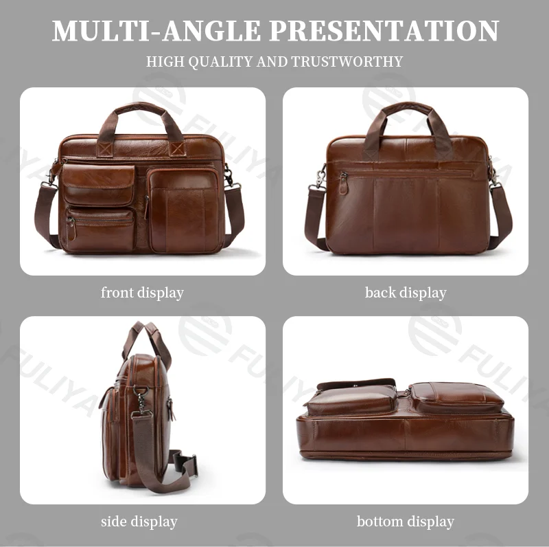 Guangzhou Fuliya Industry Co.,Ltd C-80908 Men's top-grain cowhide briefcase, large capacity, multi-functional pockets, rear anti-theft pocket, magnetic buckle, and adjustable strap - hand or shoulder carry for business, commuting, and business trips.