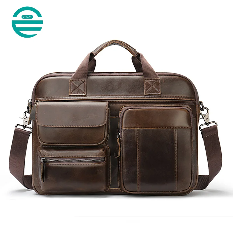 Guangzhou Fuliya Industry Co.,Ltd C-80908 Men's top-grain cowhide briefcase, large capacity, multi-functional pockets, rear anti-theft pocket, magnetic buckle, and adjustable strap - hand or shoulder carry for business, commuting, and business trips.
