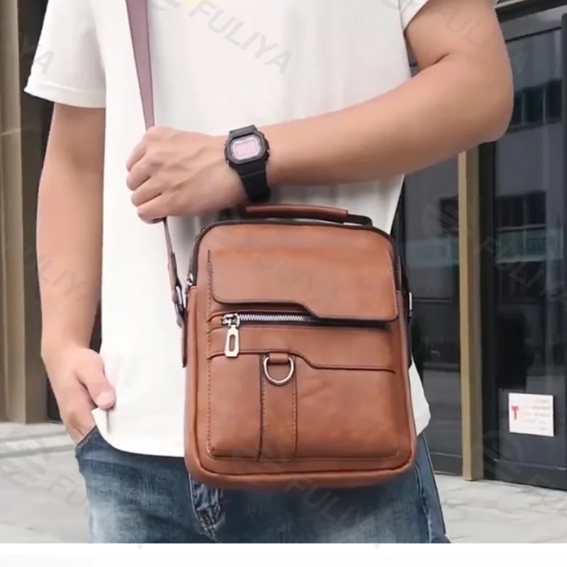 Guangzhou Fuliya Industry Co.,Ltd C-80915 Men's vintage crossbody bag, textured leather, compact body with large capacity, multi-pockets, and quality hardware - shoulder, crossbody, or hand carry for business, commuting, and daily use.