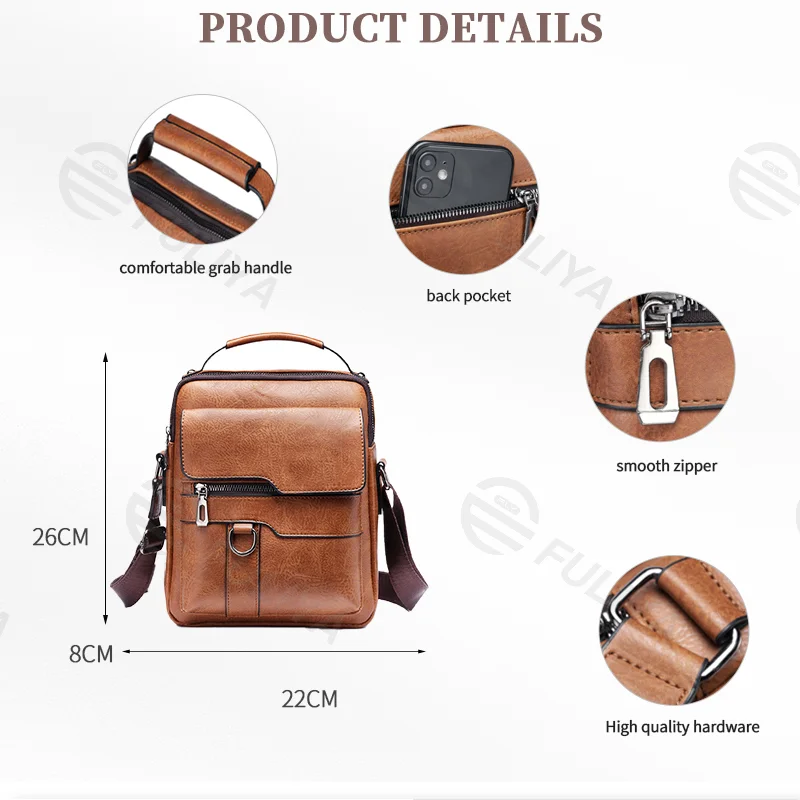 Guangzhou Fuliya Industry Co.,Ltd C-80915 Men's vintage crossbody bag, textured leather, compact body with large capacity, multi-pockets, and quality hardware - shoulder, crossbody, or hand carry for business, commuting, and daily use.
