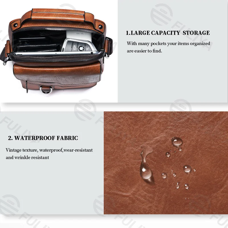 Guangzhou Fuliya Industry Co.,Ltd C-80915 Men's vintage crossbody bag, textured leather, compact body with large capacity, multi-pockets, and quality hardware - shoulder, crossbody, or hand carry for business, commuting, and daily use.