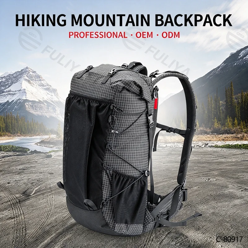 Guangzhou Fuliya Industry Co.,Ltd C-80917 Lightweight outdoor hiking backpack, water-resistant, large capacity, rain cover, elastic cords, expandable opening, and adjustable straps - 40L/60L for camping, hiking, and travel.