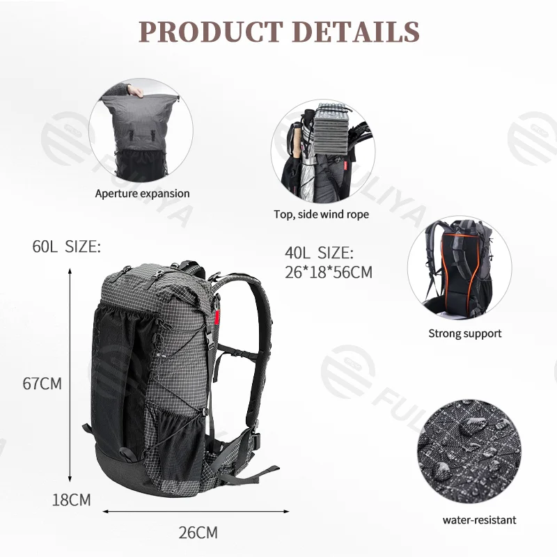 Guangzhou Fuliya Industry Co.,Ltd C-80917 Lightweight outdoor hiking backpack, water-resistant, large capacity, rain cover, elastic cords, expandable opening, and adjustable straps - 40L/60L for camping, hiking, and travel.