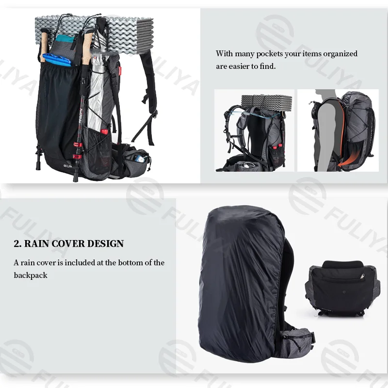 Guangzhou Fuliya Industry Co.,Ltd C-80917 Lightweight outdoor hiking backpack, water-resistant, large capacity, rain cover, elastic cords, expandable opening, and adjustable straps - 40L/60L for camping, hiking, and travel.