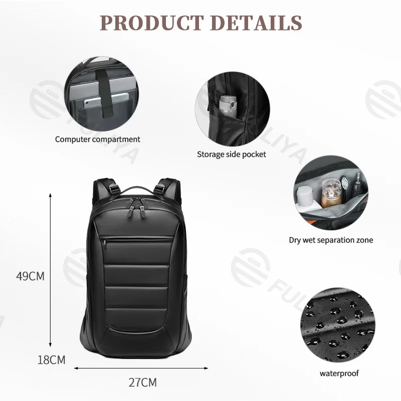 Guangzhou Fuliya Industry Co.,Ltd C-80918 Men's large-capacity backpack, multi-layer storage, laptop compartment, wet/dry pocket, load-reducing strap buckle, and high-elastic EVA back pad - for business, commuting, and school.