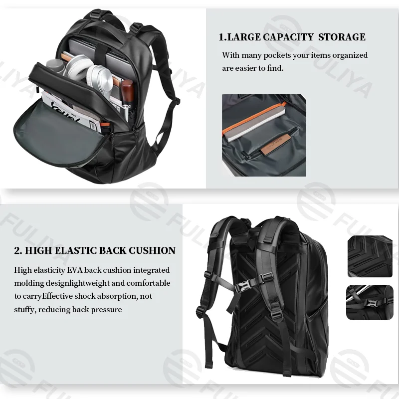Guangzhou Fuliya Industry Co.,Ltd C-80918 Men's large-capacity backpack, multi-layer storage, laptop compartment, wet/dry pocket, load-reducing strap buckle, and high-elastic EVA back pad - for business, commuting, and school.