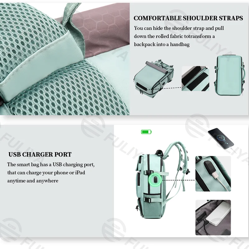 Guangzhou Fuliya Industry Co.,Ltd C-80919  Travel backpack, water-resistant, large capacity, shoe compartment, USB port, hidden straps, and luggage strap - backpack, shoulder, crossbody, or hand carry for business trips, travel, and fitness.