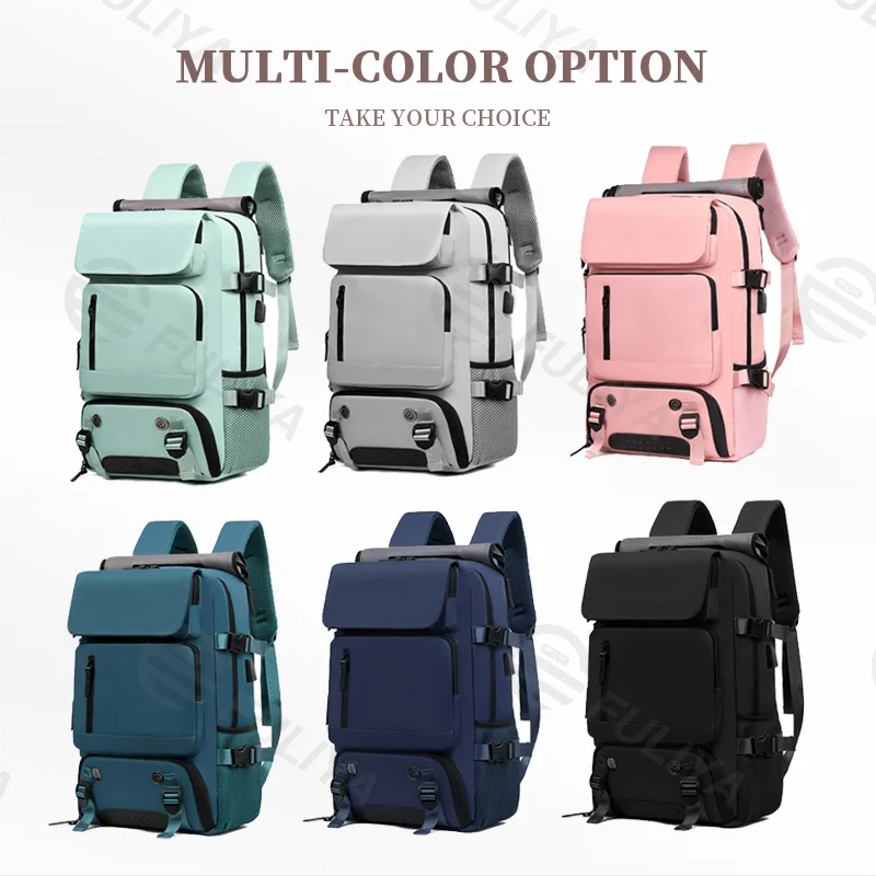 Guangzhou Fuliya Industry Co.,Ltd C-80919  Travel backpack, water-resistant, large capacity, shoe compartment, USB port, hidden straps, and luggage strap - backpack, shoulder, crossbody, or hand carry for business trips, travel, and fitness.