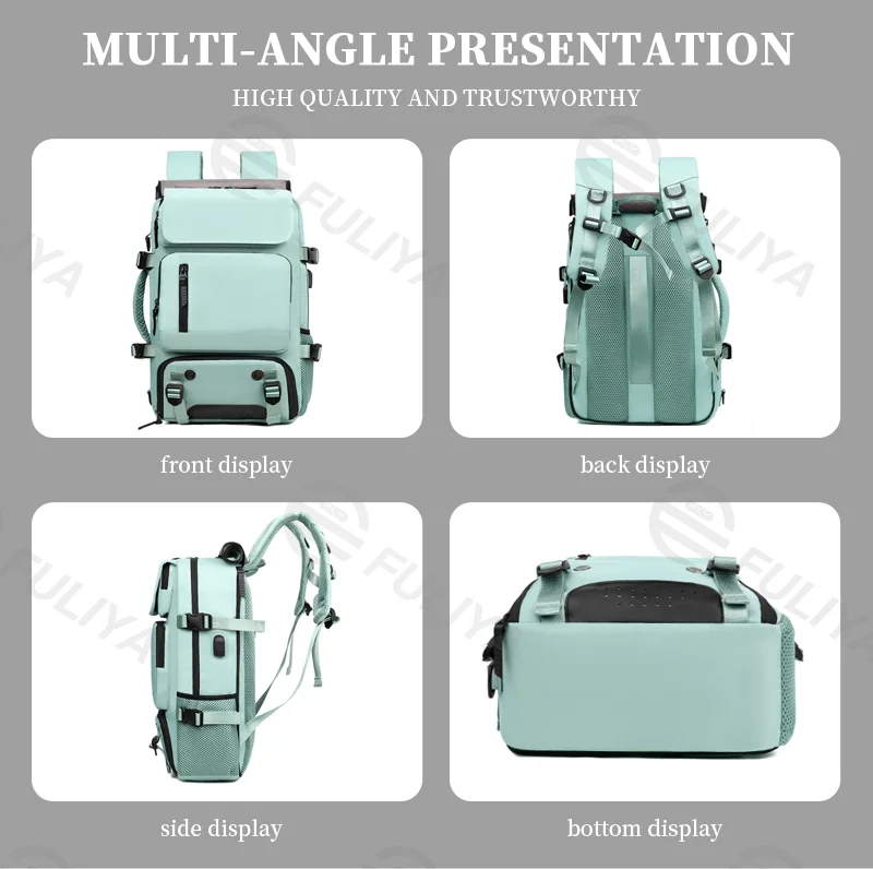 Guangzhou Fuliya Industry Co.,Ltd C-80919  Travel backpack, water-resistant, large capacity, shoe compartment, USB port, hidden straps, and luggage strap - backpack, shoulder, crossbody, or hand carry for business trips, travel, and fitness.