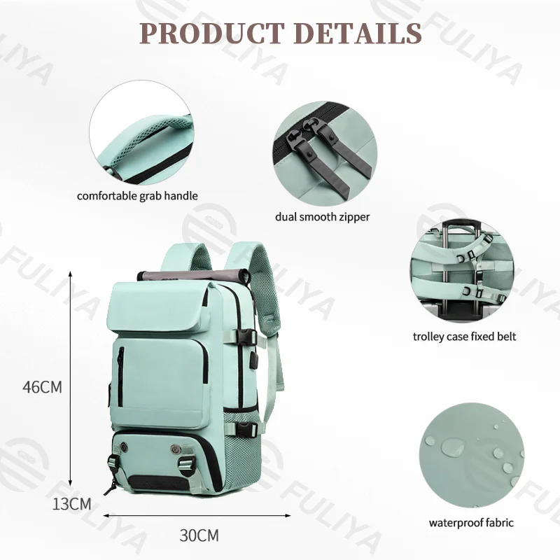 Guangzhou Fuliya Industry Co.,Ltd C-80919  Travel backpack, water-resistant, large capacity, shoe compartment, USB port, hidden straps, and luggage strap - backpack, shoulder, crossbody, or hand carry for business trips, travel, and fitness.