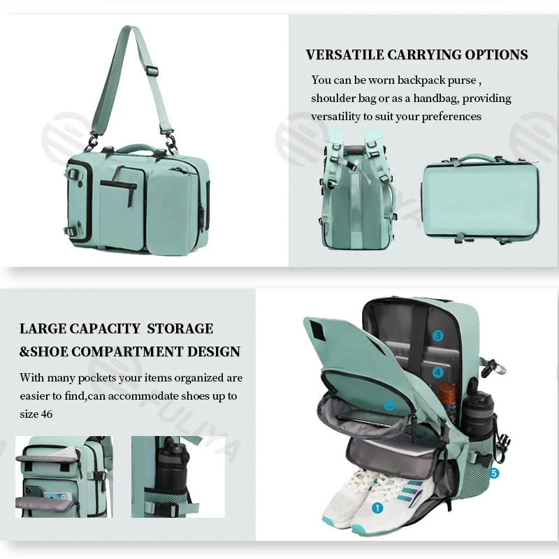 Guangzhou Fuliya Industry Co.,Ltd C-80919  Travel backpack, water-resistant, large capacity, shoe compartment, USB port, hidden straps, and luggage strap - backpack, shoulder, crossbody, or hand carry for business trips, travel, and fitness.