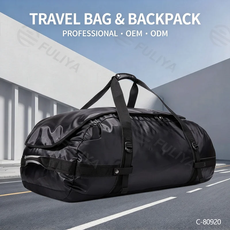Guangzhou Fuliya Industry Co.,Ltd C-80920  Water-resistant sports travel duffel, large capacity, internal mesh pocket, dual zipper, and adjustable strap - hand or backpack carry for gym, camping, hiking, and weekend trips.