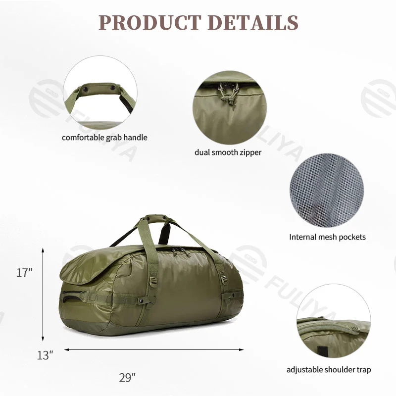 Guangzhou Fuliya Industry Co.,Ltd C-80920  Water-resistant sports travel duffel, large capacity, internal mesh pocket, dual zipper, and adjustable strap - hand or backpack carry for gym, camping, hiking, and weekend trips.
