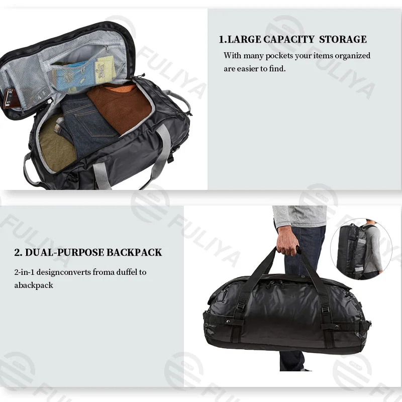 Guangzhou Fuliya Industry Co.,Ltd C-80920  Water-resistant sports travel duffel, large capacity, internal mesh pocket, dual zipper, and adjustable strap - hand or backpack carry for gym, camping, hiking, and weekend trips.