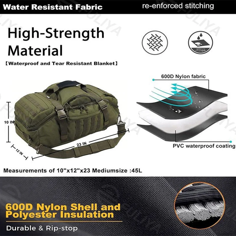 Guangzhou Fuliya Industry Co.,Ltd C-80921  Tactical travel gym bag, water-resistant, large capacity, anti-theft main pocket, hidden top pocket, and MOLLE system - for short trips and fitness.