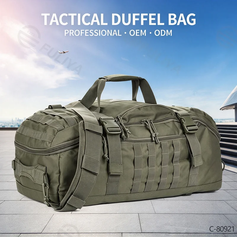 Guangzhou Fuliya Industry Co.,Ltd C-80921  Tactical travel gym bag, water-resistant, large capacity, anti-theft main pocket, hidden top pocket, and MOLLE system - for short trips and fitness.