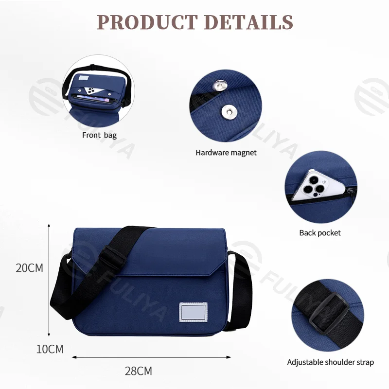 Guangzhou Fuliya Industry Co.,Ltd C-80923  Stylish minimalist crossbody bag, lightweight fabric approx. 0.21kg, square design, multi-compartment large capacity - for commuting, outdoor, sports, and business trips.